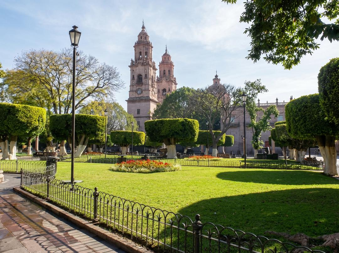 Catedral de Morelia y Plaza de Armas con cantera rosa